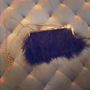 BEBE BLACK FEATHER PURSE WITH GOLD CHAIN